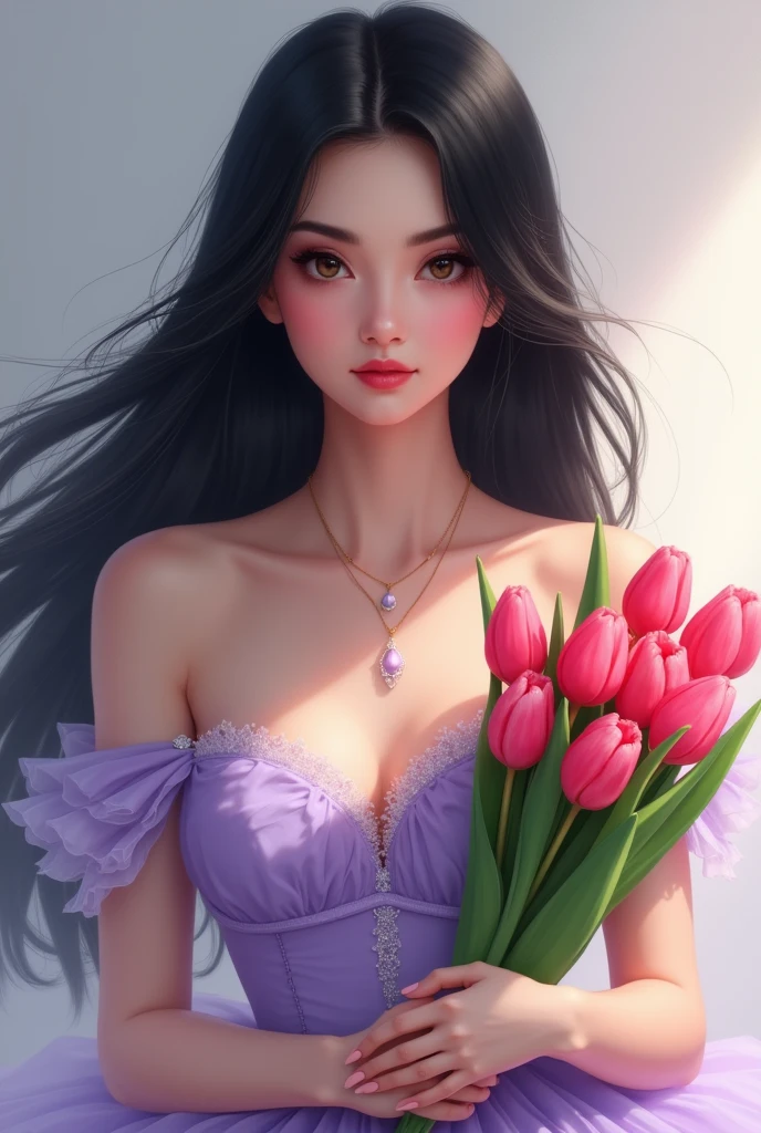 a digital art women with black hair, dark brown eyes, wearing a color lavander gown with a little bit glitters, she is holding a boqoue of tulips 1by1 size 
