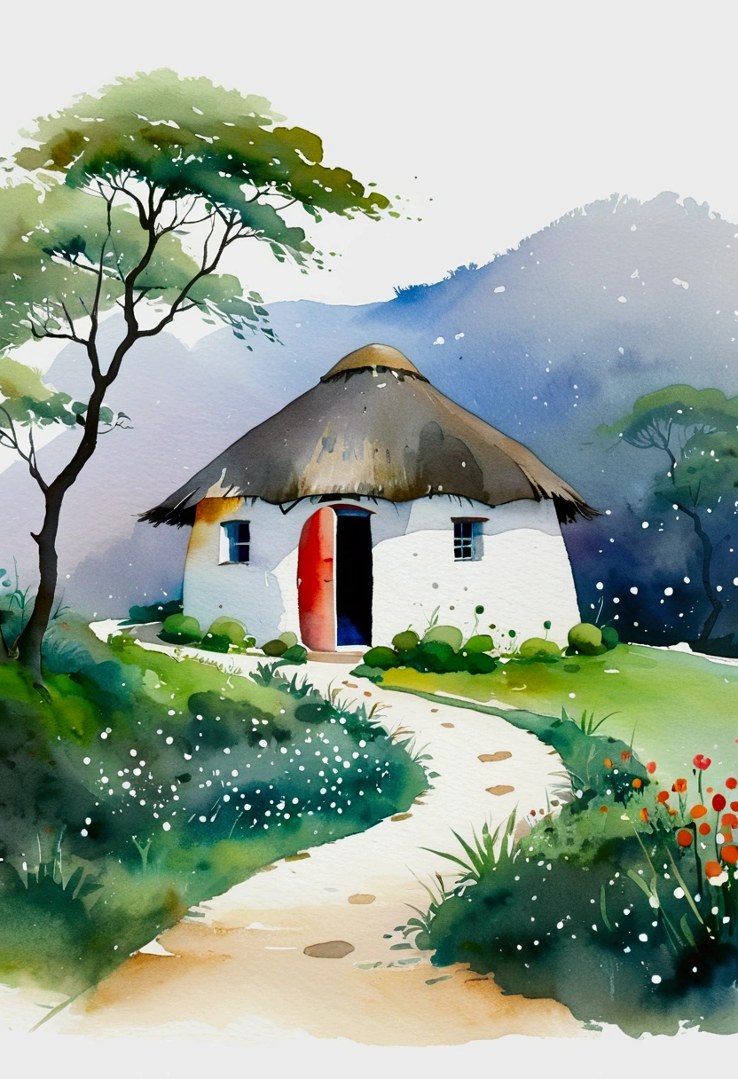 Childish Art:Simple watercolor,Dot,A small thatched hut on a winding path,Minimalism,White background。(((Negative Space,Large area of blank, Bottom left corner composition)))