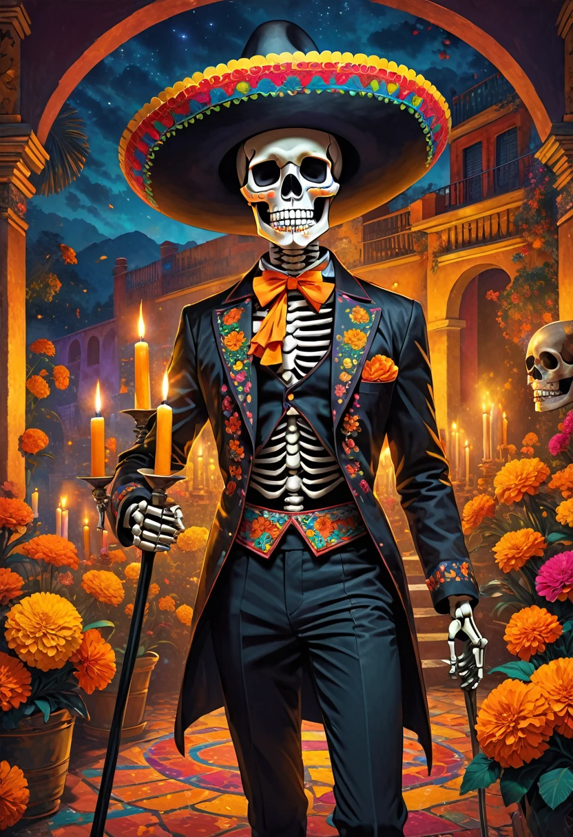 (masterpiece, best quality:1.1), (ultra highres, ultra-detailed:1.2),pop-art style, the skeleton gentleman, wearing a sombrero and mariachi costume, face looks like a Calavera skull,skeleton hand,skeleton body,arrogant, holding a large scythe, marigold, candles,cool posing,mexican secret chamber,(dia de los muertos),(Glowing magic-circle drawn on the floor, smoke,)