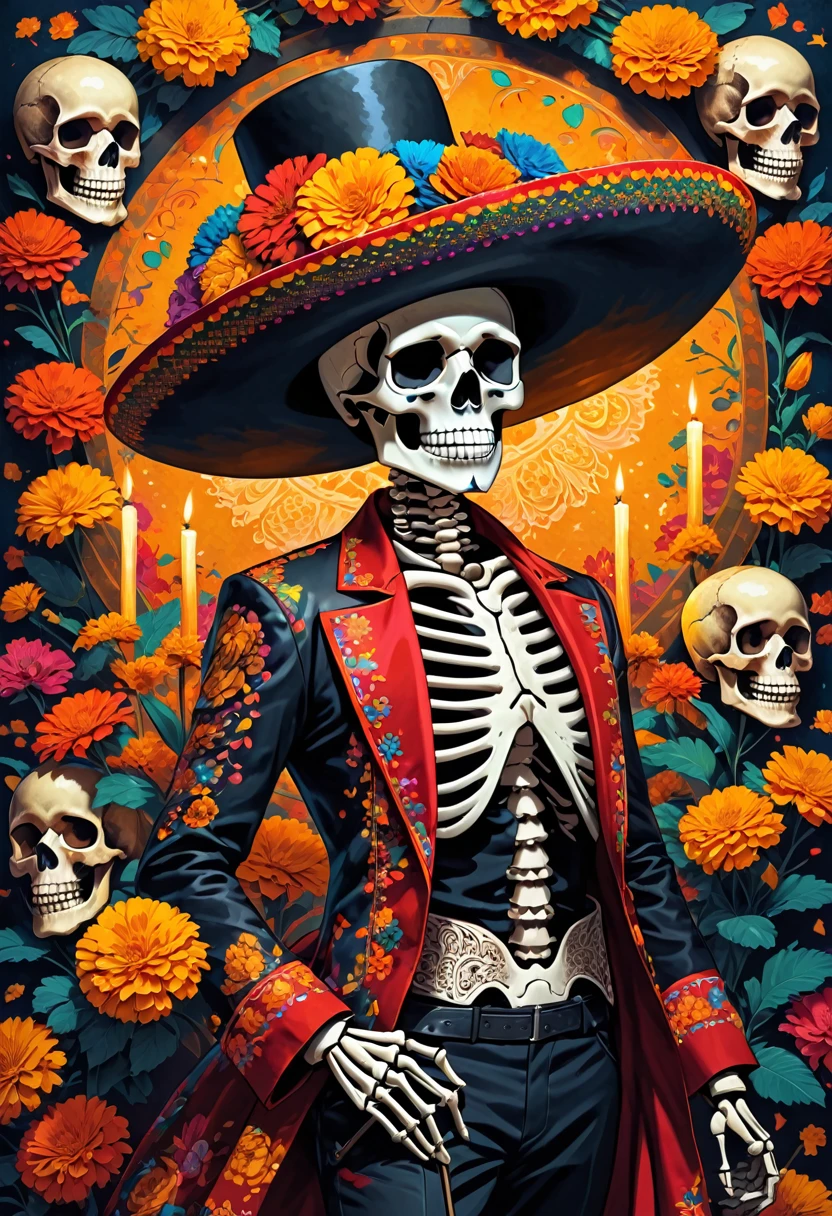 (masterpiece, best quality:1.1), (ultra highres, ultra-detailed:1.2),pop-art style, the skeleton gentleman, wearing a sombrero and mariachi costume, face looks like a Calavera skull,skeleton hand,skeleton body,arrogant, holding a large scythe, marigold, candles,cool posing,mexican secret chamber,(dia de los muertos),(Glowing magic-circle drawn on the floor, smoke,)