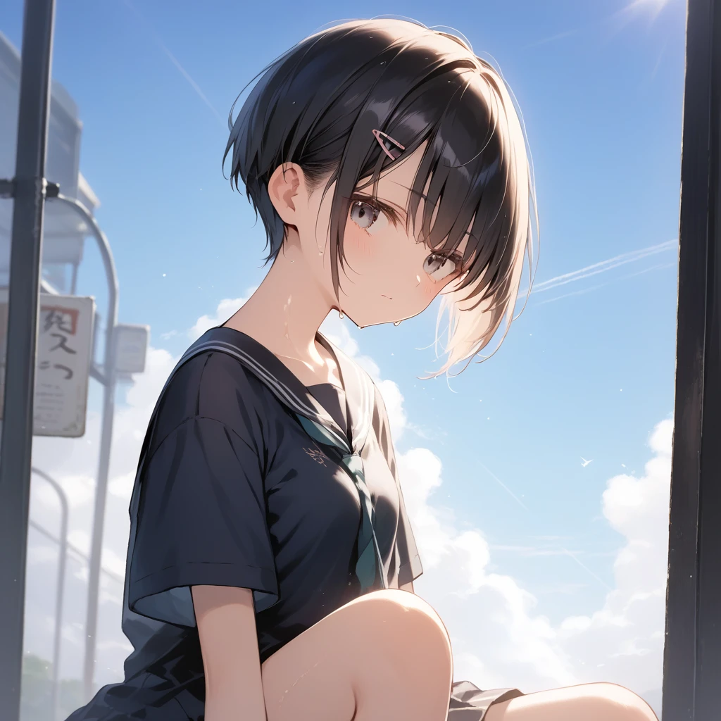 score_9, score_8_up, score_7_up, source_anime, best quality, masterpiece, official art, absurdres, highres, ultra-detailed,waifu2x,Collection: Pixiv 1000,break,1girl, school girl, very short hair, pixie cut, small breasts, slender, thighs, beautiful detailed eyes, expressionless, sweat, sleepily, (disgust:0.3), school, outdoors, break,(clear line illustration:1.2), super detailed skin, shiny skin, very high resolution, very aesthetic, Best sexual lighting powered by famous artist, 4k, 8k, 16k, cute picture, beauty illustration,photoshop_(medium),,(Detailed Lighting),best anime 8k konachan wallpaper, pixiv contest winner,