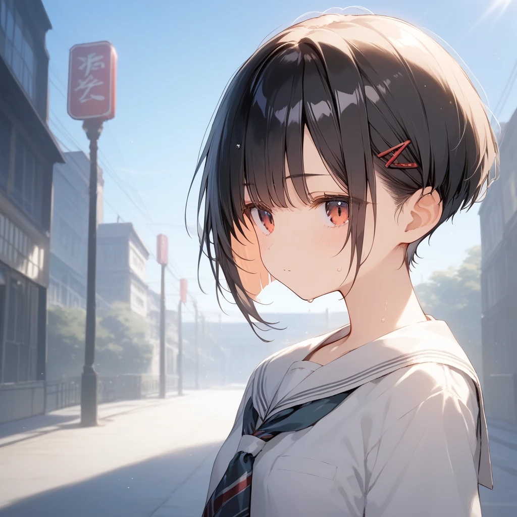 score_9, score_8_up, score_7_up, source_anime, best quality, masterpiece, official art, absurdres, highres, ultra-detailed,waifu2x,Collection: Pixiv 1000,break,1girl, school girl, very short hair, pixie cut, small breasts, slender, thighs, beautiful detailed eyes,  expressionless, sweat, sleepily, (disgust:0.3), school, outdoors, break,(clear line illustration:1.2), super detailed skin, shiny skin, very high resolution, very aesthetic, Best sexual lighting powered by famous artist, 4k, 8k, 16k, cute picture, beauty illustration,photoshop_(medium),,(Detailed Lighting),best anime 8k konachan wallpaper, pixiv contest winner, 