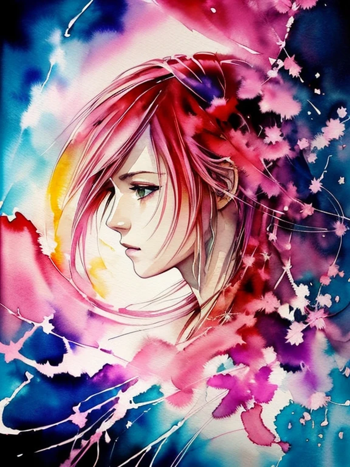 (((Agnes Cecile:1.3, watercolor))), breathtaking beauty, precise lineart, glowing design, ink drops, Final Fantasy XIII Character Lightning (Claire Farron), centered, key visual, intricate, highly detailed, breathtaking beauty, precise lineart:1.1, vibrant, comprehensive cinematic, ((Carne Griffiths, Conrad Roset)), autumn lights, (the most beautiful portrait in the world:1.5), (masterpiece:1.3, best quality:1.3), 