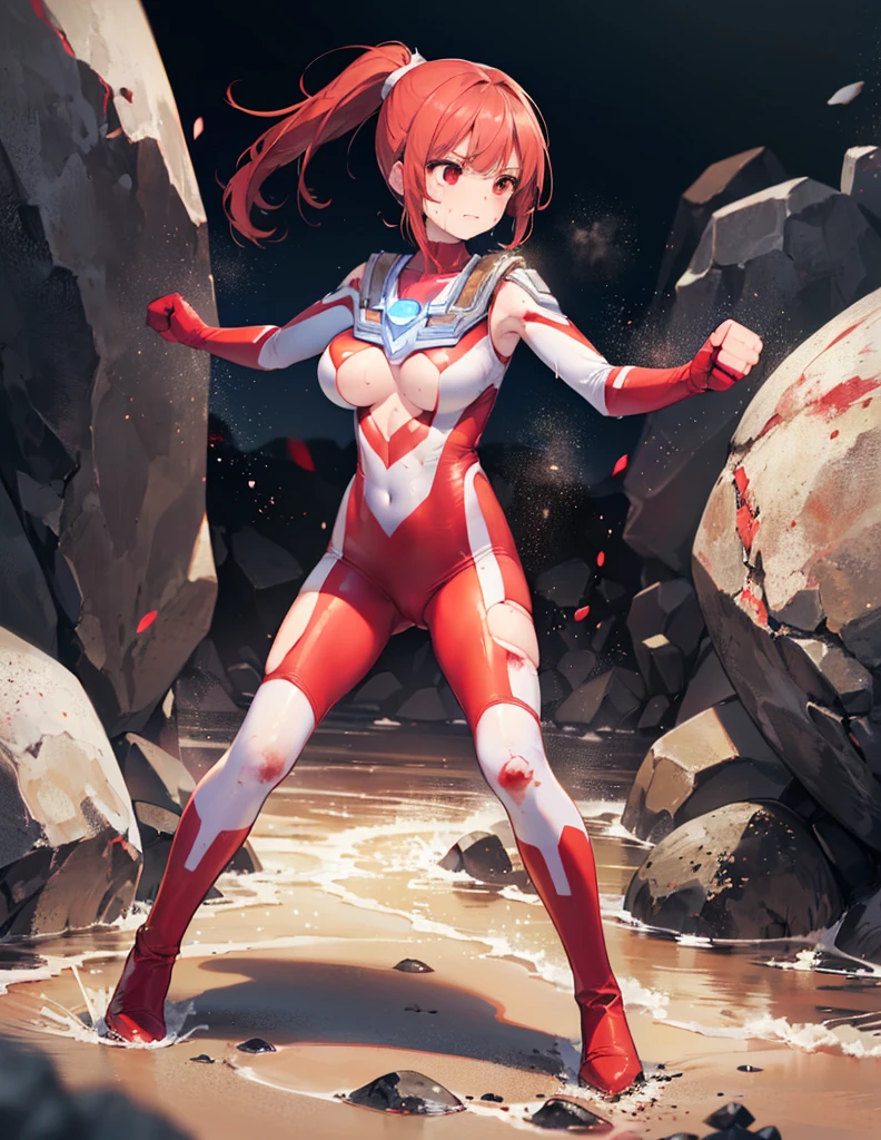 (Close-up:1.2),Realistic,Highest quality, Ultra Detail, High-quality CG rendering, The most delicate and beautiful, Floating softly, High resolution, (1 giant girl), (Highest quality,4K,8k,masterpiece:1.2),(All red hair:1.5), (ponytail:1.5),(Red eyes:1.5), (Ultra Girl:1.0), (All red Ultraman bodysuit:1.4),(Do not expose your skin:1.6),(Slightly larger breasts:1.5),(Red gloves:1.3),(Red Shoes:1.3),(whole body:1.3),(Are standing:1.3),(Plain surrounded by rocks:1.3),(Brown sandy ground:1.3),(Clenched Fist:1.3),(Fighting Pose:1.3),(sweating:1.3),(Wounded:1.3),(Brown mud stains:1.3),(front:1.4)