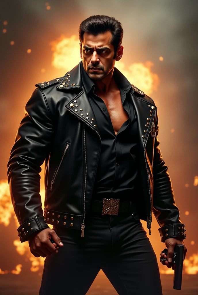Salman Khan stands tall, clad in a black leather jacket with metal studs, his broad shoulders and chiseled physique visible beneath. His eyes burn with intensity, his gaze piercing through the lens. A hint of a snarl plays on his lips, and his sharp jawline is set in a defiant angle. In the background, a fiery explosion or a dark, gritty cityscape adds to the edgy atmosphere. One hand is clenched into a fist, while the other holds a smoking cigar or a gun, exuding an air of fearlessness and raw power.