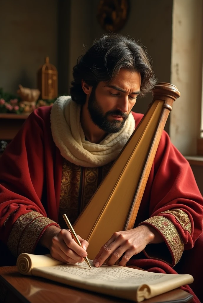 ((best quality)), ((masterpiece)), (detailed), perfect face
"Davi, seated in a quiet, warmly lit room, plays a harp while looking down at a scroll where he writes a Psalm. The expression on his face is one of deep contemplation and connection with the divine. The room is adorned with simple but elegant decorations, reflecting both his royal status and his humble heart."