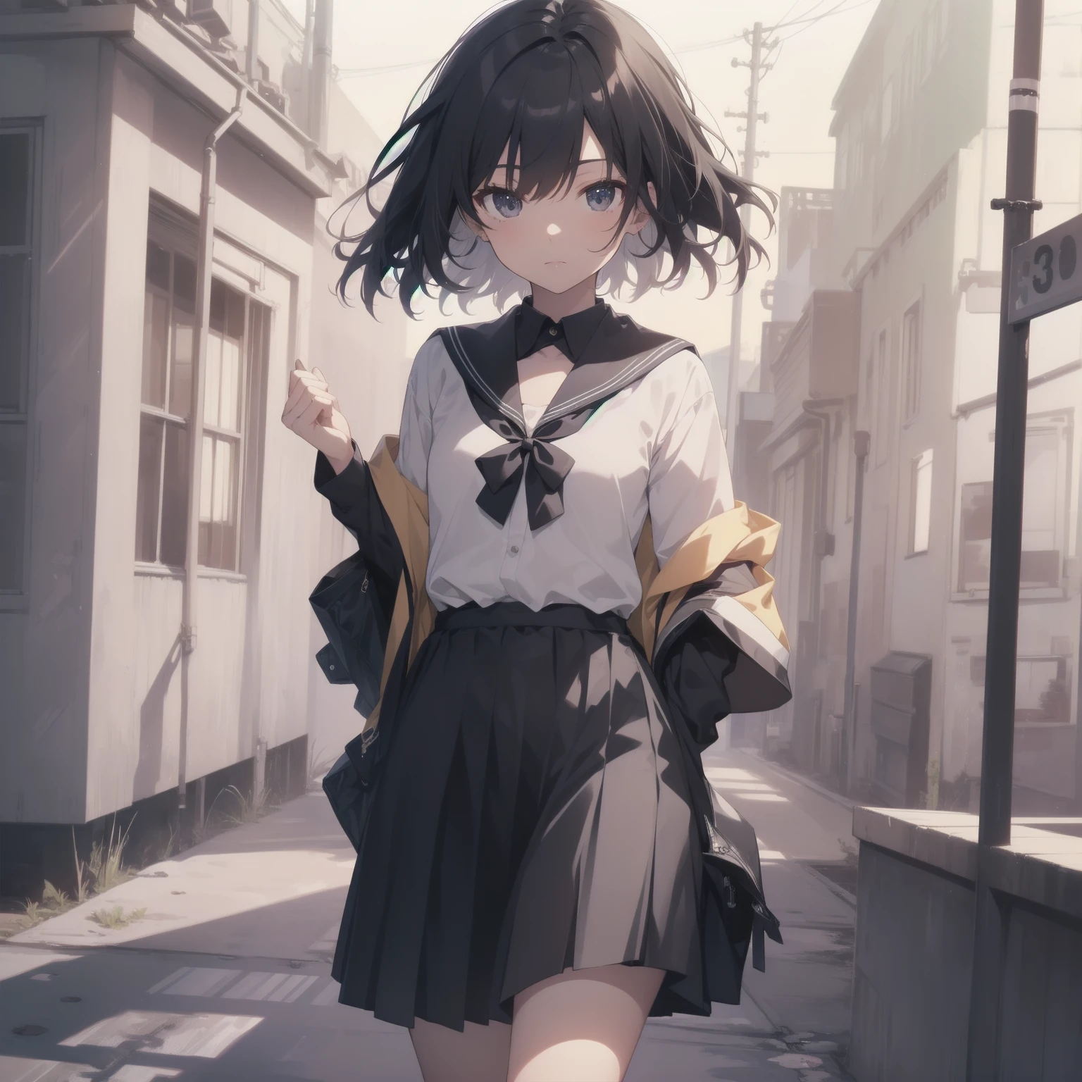 ultra-absurdres-Top quality by artist God, ultra-detailed, high resolution, anime moe artstyle, best anime 8k konachan wallpaper, pixiv contest winner, pool:2810, perfect anatomy,break, 1girl, (Please draw a girl walking sleepily to school alone. )break,(Solo,little female, 13-year-old:1.3),Full limbs, complete fingers,a junior high school student, (very short hair), short cut, flat chest, , small butt, small black eyes, beautiful detailed eyes, well-proportioned iris and pupils, expressive eyes, highres detailed hair, soft expression, salor school_uniform, sailor collar, serahuku, bow, pleated skirt,(Detailed Lighting), (Detailed background), in the School commute route. break,super detailed skin, Best cinematic lighting powered by famous artist, 8k,beauty illustration,photoshop_(medium),very aesthetic,break,((artist:ishikei )), artist:clamp ,artist:carnelian ,artist:kantoku ,
