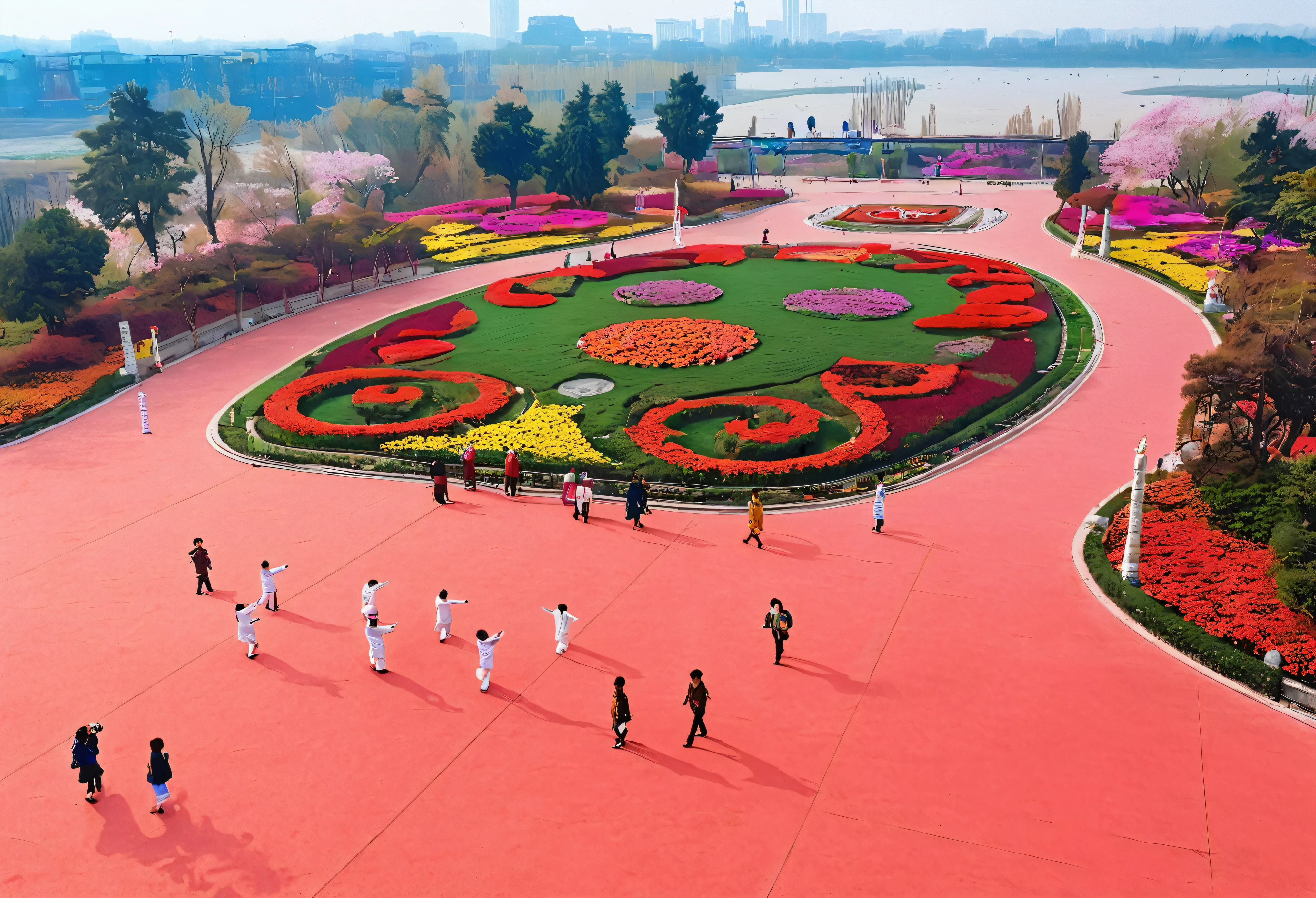 people walking around a flower garden with a clock in the middle, joy, A beautiful large piece of land art, flowers around, baotou china, Shot with iPhone 1 3 Pro max, wonderful masterpiece, giant lotus flower mandala, Shot with iPhone 1 3 Pro, In the red flower garden, flower garden, flower, Chinese New Year in the countryside, A group of people in white clothes practicing Tai Chi in the park， Extreme landscape photography， 8k ，USD， HD， Detailed Details