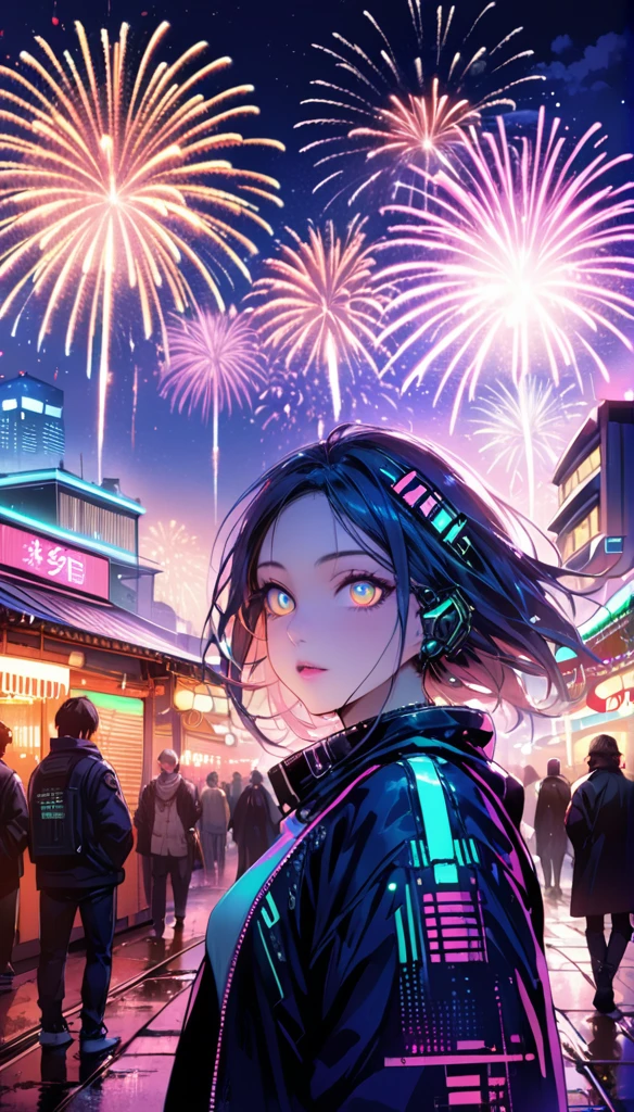 ((masterpiece)),((highest quality)),((High detail)),((Realistic,)) Future City, Architecture Street, Bazaar, cyber punk, European architecture, night, neon, Panorama view, Mr.々Building, new year, firework, Panorama, colorful firework, sky with firework, landscape, Detailed face, Detailed bright eyes, Highly detailed eyes