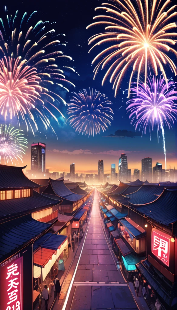 ((masterpiece)),((highest quality)),((High detail)),((Realistic,)) Future City, Architecture Street, Bazaar, cyber punk, European architecture, night, neon, Panorama view, Mr.々Building, new year, firework, Panorama, colorful firework, sky with firework, landscape, Detailed face, Detailed bright eyes, Highly detailed eyes
