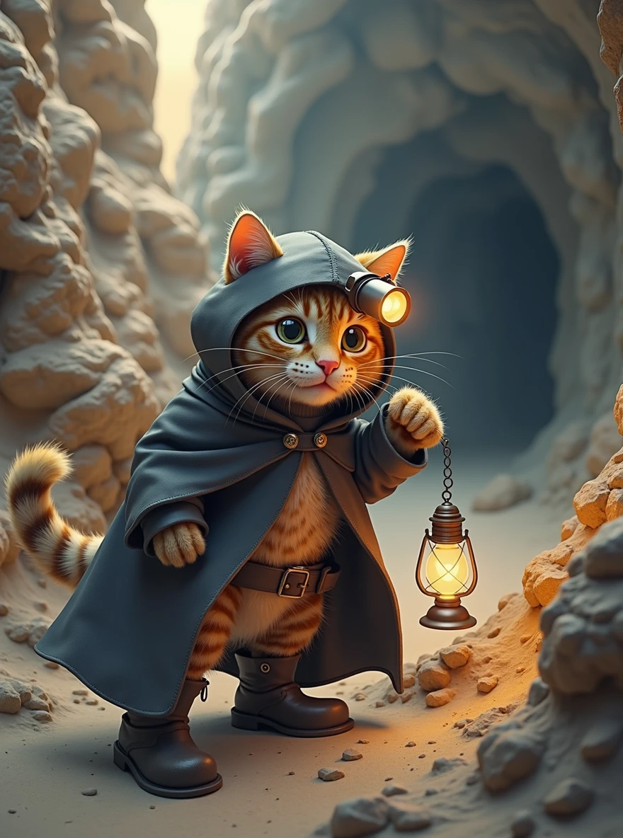The scene is at the entrance of a dark cave. The cat is now in a black cloak, with a small headlamp hat, holding a little oil lamp, and wearing dark boots. It cautiously walks deeper into the cave, with faint lights flickering on the cave walls.