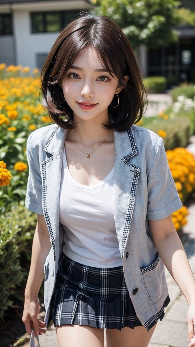 (Beautiful girl Walking in a flower garden), ((Surrounded by lots of marigolds)), (masterpiece:1.3), light makeup, red lips, beautiful hair, Black hair, (Medium bob hair:1.3), elegant, soft lighting, Very fine details, masterworks, authentic texture, perfect work, (1 girl), (One Woman), 16k, high resolution, exquisite features, brown eyes, (Ultra-high resolution eye:1.1), Japanese idol, beautiful face, ((artists work)), (gentle smile like a goddess), attractive, well-shaped breasts, beautiful cleavage, shiny skin, smooth skin, BREAK, (Short-sleeved Linen jacket over a White T-shirt:1.3), BREAK, (Argyle check Argyle check pleated mini skirt:1.3), earrings, necklace, BREAK, upper body, (Standing position), (open legs), (lovely smile), Walking,(Low Angle Shot:1.2), shoot from below, model pose,