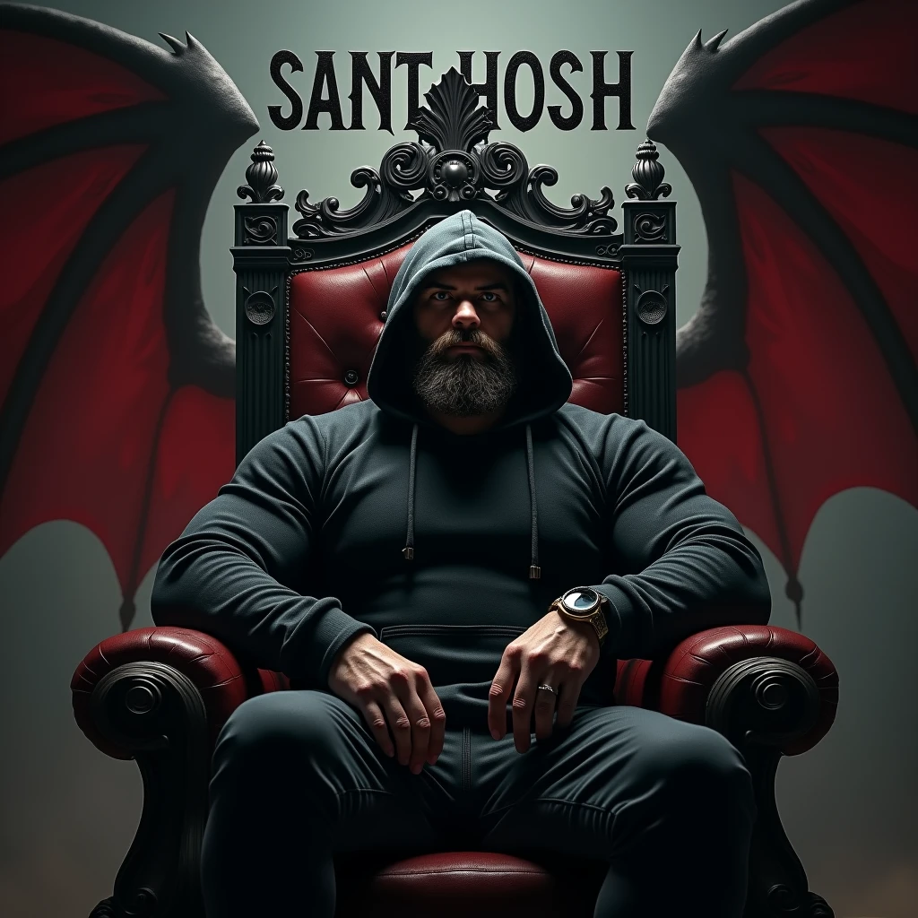 Create a profile picture for me. A gym man with beard wearing a black hoodie sitting on royal throne with devil wings. And "SANTHOSH" name is on background in large size.