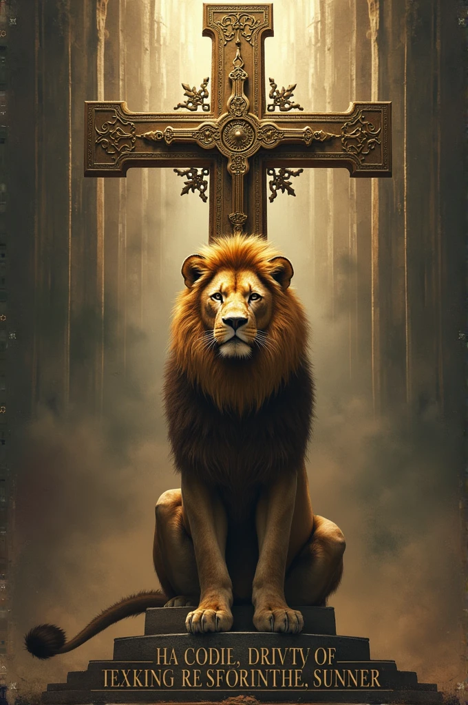 "A large and imposing cross, with a majestic lion positioned at the base or beside the cross. The lion should have a dignified and powerful expression. Below the cross and the lion, a motivational quote in elegant and clearly visible letters: 'Face challenges with courage and faith'."
