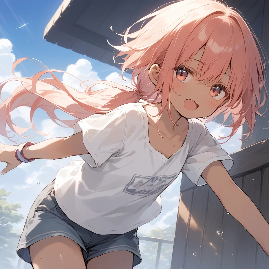 score_9, score_8_up, score_7_up, source_anime, best quality, masterpiece, official art, absurdres, highres, ultra-detailed,waifu2x,Collection: Slice of Life,break,1girl, tomboy, dark-skinned female, short hair, low ponytail, flat chest, groin, beautiful detailed eyes, shorts, sweat, open mouth, (yawn:0.3), sleepily, outdoors, wind,break,(clear line illustration:1.2), super detailed skin,very high resolution, very aesthetic, Best sexual lighting powered by famous artist, 8k, 16k, cute picture,beauty illustration,photoshop_(medium),,(Detailed Lighting),best anime 8k konachan wallpaper, pixiv contest winner,