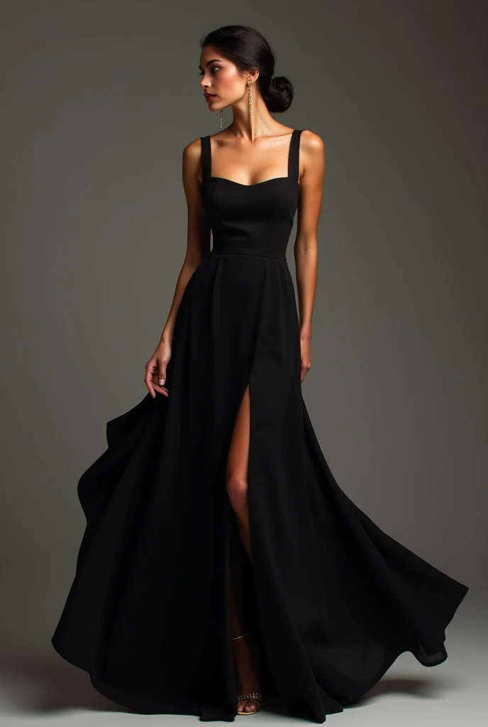 black gown, Square neckline, sleeveless, wearing a crepe dress, and flowy with a slit that starts in the middle of the thigh, a Brazilian brown girl with a bun, five centimeters below the knee