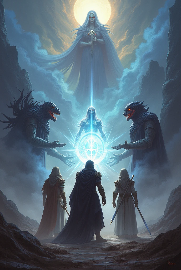 Create a digitsl art in which three heroes that uses a sword, a spear and a bow on the left side with a god on the left hand corner seemingly trying to give them blessing, while 2 enemies on the right side in which a small unknown black entity can be seen. And a deity/fairy in the middle with open arms who seemps to want to see who will win the protected and powerful  pearl she has. Make the fairy smaller and add a god on the top portion. The picture must only contain 3 heroes, 2 enemies, 1 god, 1 deity and 1 unknown entity. Make it have 8 entities in total