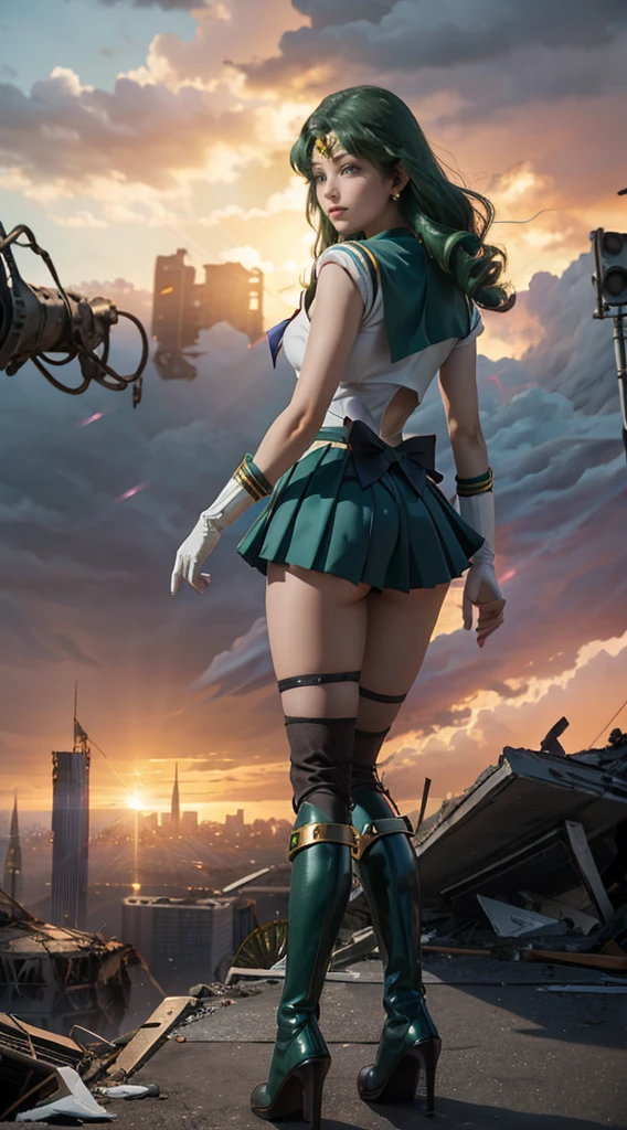 A girl, Sailor Neptune, (Sailor warrior:1.4), Dark green hair, Medium Length Hair, Pleated Skirt, best quality, earrings, masterpiece, high resolution, Intricate details, (( Practical )), photo, (White Elbow Gloves:1.1), Jewelry, Middle chest, whole body, Dynamic Background, Dynamic poses, High heel,,More detailed 8K.Unreal Engine:1.4,超high resolution,La best quality:1.4, Practical:1.4, Texture:1.4, masterpiece:1.8,First job, best quality,Object Object], (Detailed facial features:1.3),(Good Hand),(Apocalyptic destroyed city:1.7),Over the knee boots: 1.1), Necklace, White gloves, Green collar, Elbow gloves, gem, earrings, Green skirt, only, whole body维安, Green Dog,