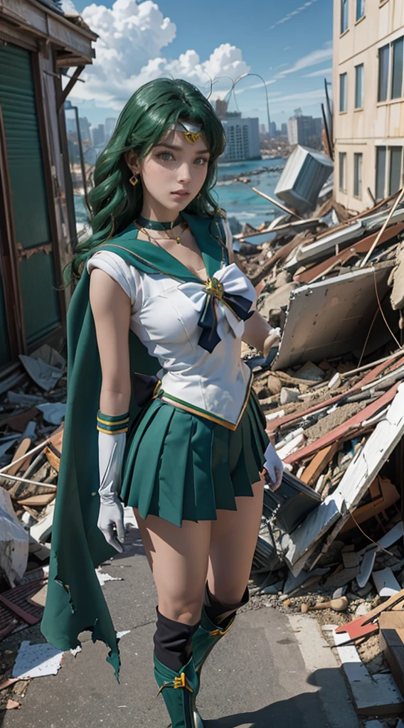 A girl, Sailor Neptune, (Sailor warrior:1.4), Dark green hair, Medium Length Hair, Pleated Skirt, best quality, earrings, masterpiece, high resolution, Intricate details, (( Practical )), photo, (White Elbow Gloves:1.1), Jewelry, Middle chest, whole body, Dynamic Background, Dynamic poses, High heel,,More detailed 8K.Unreal Engine:1.4,超high resolution,La best quality:1.4, Practical:1.4, Texture:1.4, masterpiece:1.8,First job, best quality,Object Object], (Detailed facial features:1.3),(Good Hand),(Apocalyptic destroyed city:1.7),Over the knee boots: 1.1), Necklace, White gloves, Green collar, Elbow gloves, gem, earrings, Green skirt, only, whole body维安, Green Dog,