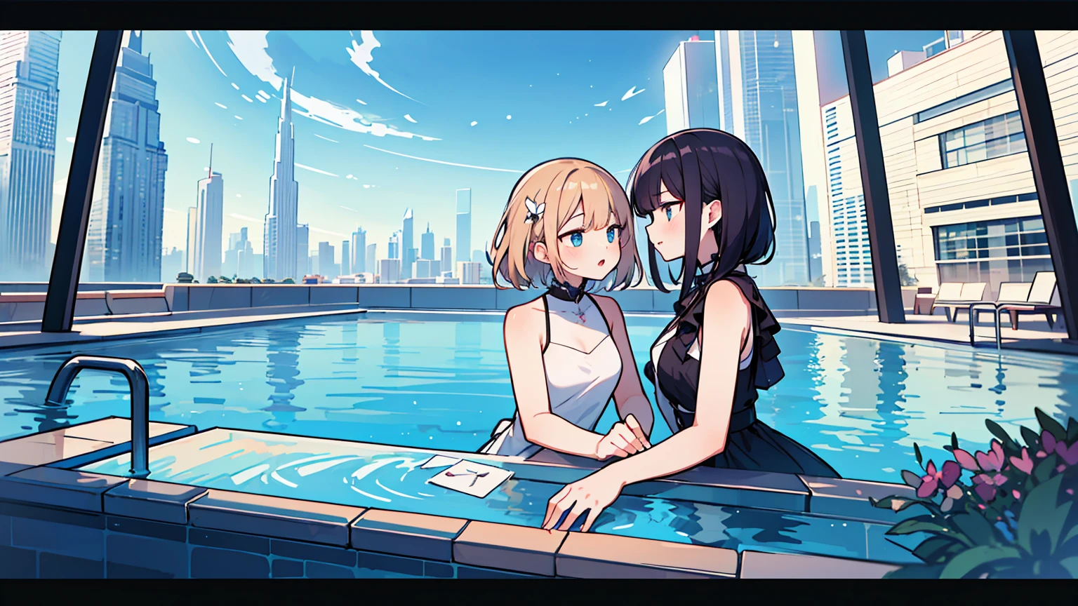 (masterpiece, best quality),2 women, different hair colors, different faces,letterboxed, perfection of fashion,chapped lips, sleeveless,dress,upper body, from the side,Infinity Pool,The horizon is reflected,Lounge Chair,marble floor,Advanced Table,Studying at the Dubai Tower table