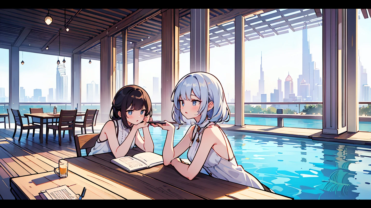 (masterpiece, best quality),2 women, different hair colors, different faces,letterboxed, perfection of fashion,chapped lips, sleeveless,dress,upper body, from the side,Infinity Pool,The horizon is reflected,Lounge Chair,marble floor,Advanced Table,Studying at the Dubai Tower table