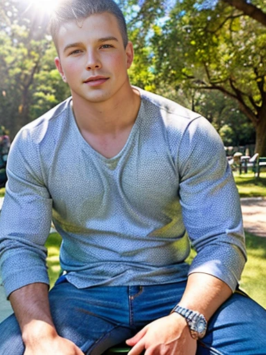 sitting on park bench, 1boy, sexy, close-up, trees, nature, wearing long sleeves, and jeans in a park campsite, shiny skin, bright sunlight, dappled sunlight