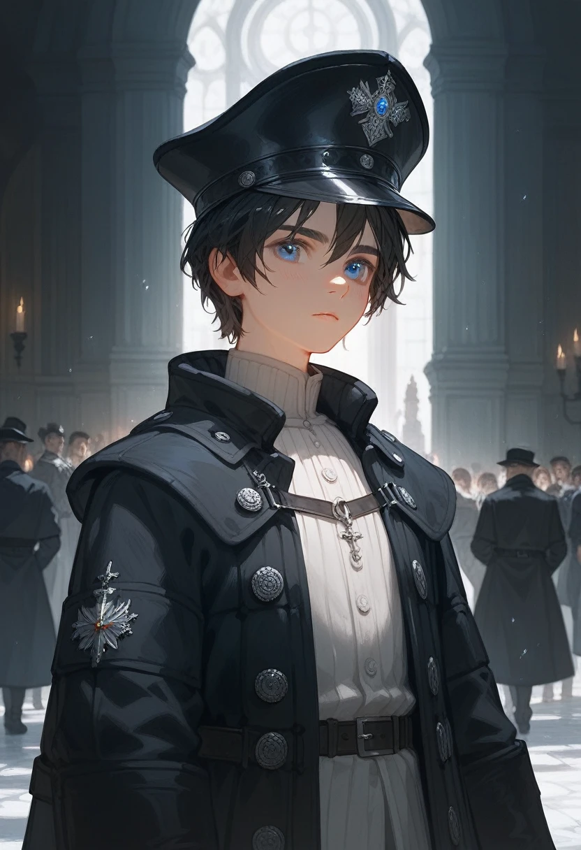 Twelve-year-old boy,Medieval style,Black trench coat,Standing,Side to the audience,calm,high quality,8k,Ultra HD,masterpiece,Detailed facial depiction,Blue Eyes,Black Hair,Wearing a hat,Scholarly demeanor,young,Preschool,Black trench coat