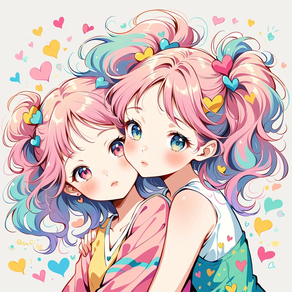 Aikaze Yazawa, Simple line initials，Abstract art, Colorful Hearts ,Colorful Hearts, (((The most beautiful girl of all time))), Twin tail hair, golden and pink hair, Cute and colorful amoeba, Lips in Love