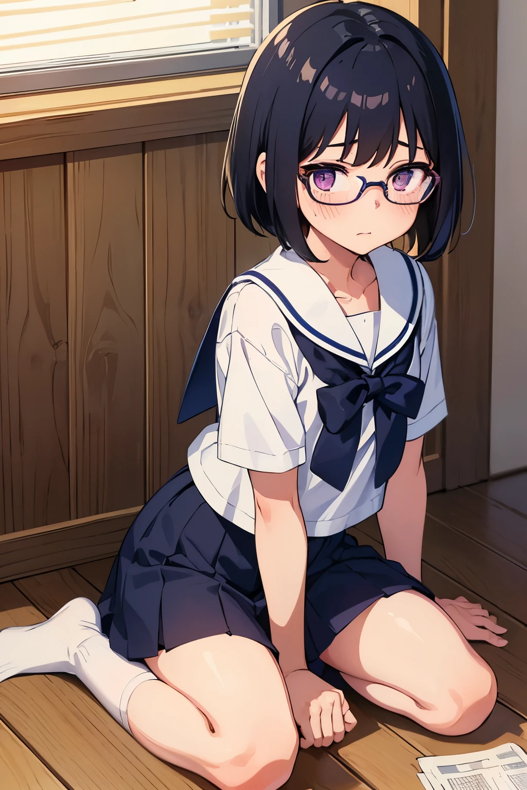 Elementary school girl, , toddler, flat chest, black hair, short bob, glasses, purple eyes, embarrassed expression(One person)) A plain white short-sleeved sailor suit Navy blue mini skirt ((White panties are visible))White socks Girl's Room Sitting Dynamic Angle Low - Angle