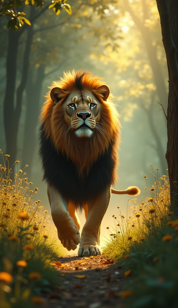 The hunters run away, and peace returns to the forest. All the animals are happy and praise the lion