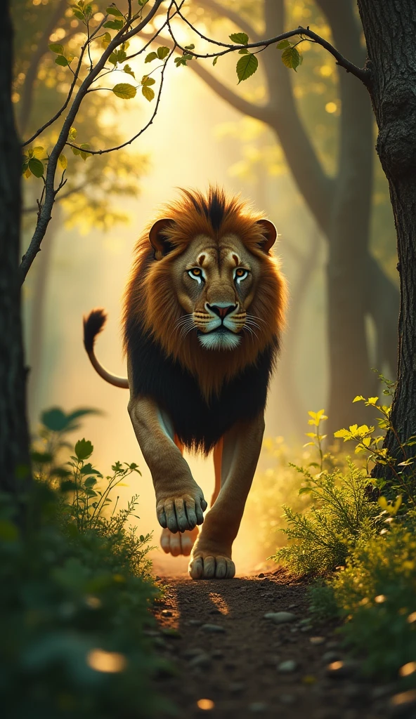 The hunters run away, and peace returns to the forest. All the animals are happy and praise the lion