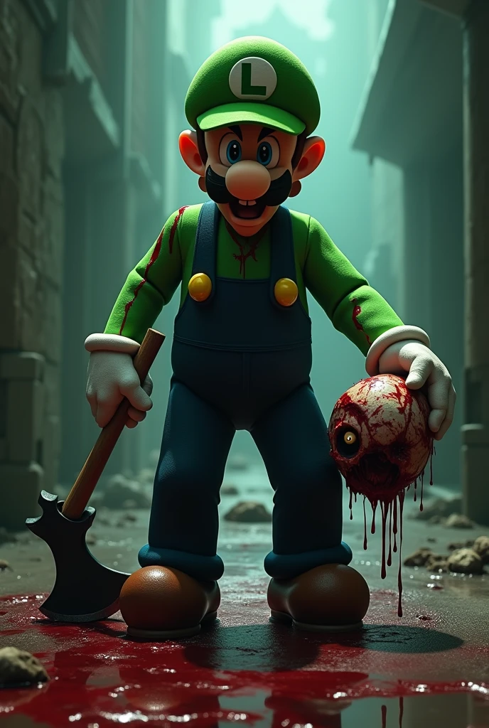 Luigi with bloody clothes and an axe in his hands and a head in the other hand