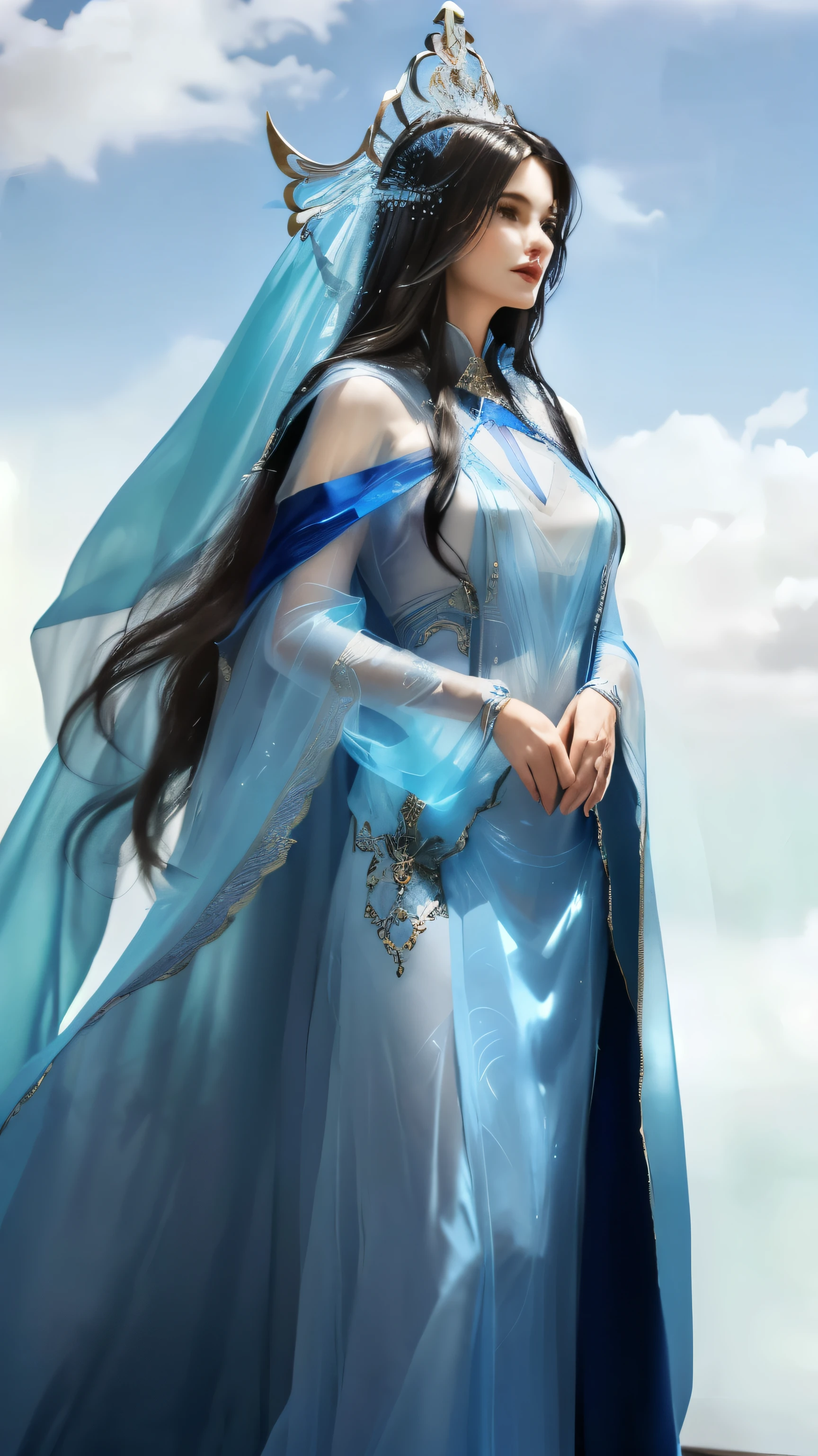 A beautiful mature woman in a blue transparent dress and a cape, beautiful alluring woman, antagonist mature woman face, flowing transparent cape, sona is a slender, wearing a flowing transparent cloak, flowing hair and long transparent robes, beautiful woman, azure cape, realistic