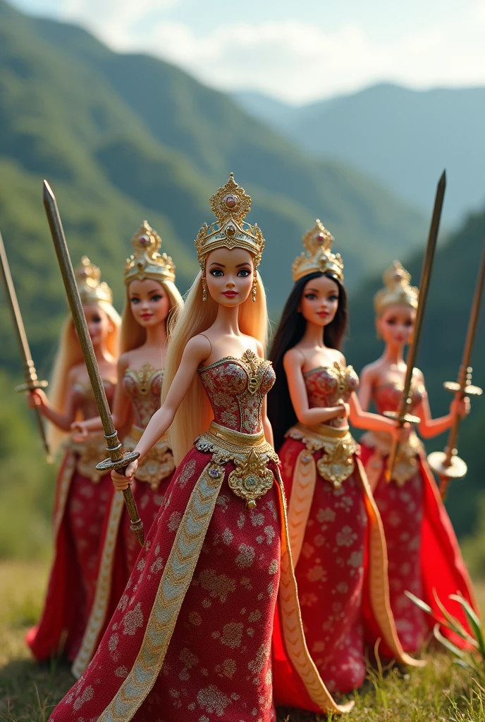 Four Barbies, dressed in Thai royal attire, are holding swords at Bang Rachan.