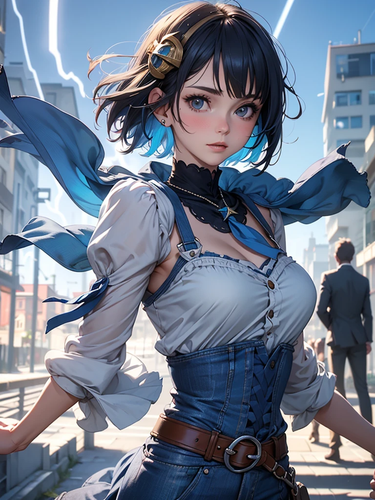 &Quot;((atelier)), perfect quality, plumpness, bulging, fully body, stunning beauty, Jeanfavonian, breasts small, (high quality anime), vred, blush, Standing on the street near the river next to the village, hands on the chest, Looking at the Viewer, without handles. shorth hair (((short bob hair blowing in the wind))), the background is simple and blue, and the gaze is directed downward at a low angle, a bright lightning bolt.