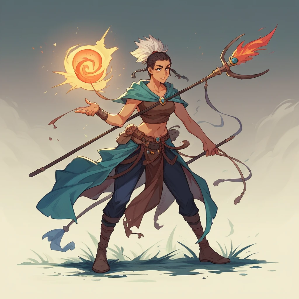 The main character in the Scandinavian Nordic theme. shaman, woman. It is necessary to depict an interesting weapon and a guardian spirit. The preferred details would be a dynamic pose., Rendering style is casual, soft, with neat shapes and detailed textures, Pure colors. The character should look finished., do not give the impression of a sketch or a quick drawing, full length, character in full. digital painting, Scandinavian shaman with a staff