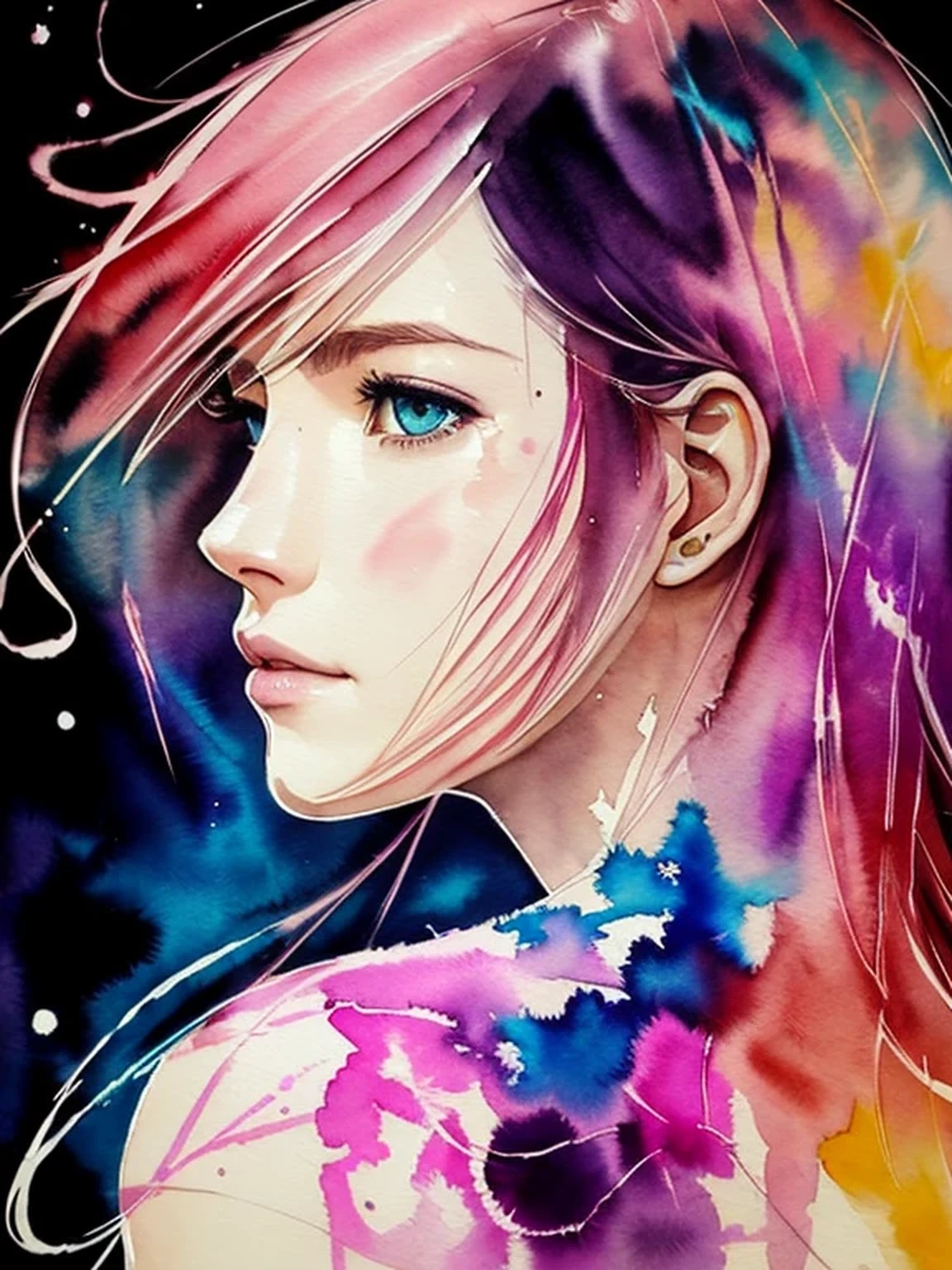 (((Agnes Cecile:1.3, watercolor))), breathtaking beauty, precise lineart, glowing design, ink drops, Final Fantasy XIII Character Lightning (Claire Farron), centered, key visual, intricate, highly detailed, breathtaking beauty, precise lineart:1.1, vibrant, comprehensive cinematic, ((Carne Griffiths, Conrad Roset)), autumn lights, (the most beautiful portrait in the world:1.5), (masterpiece, best quality),