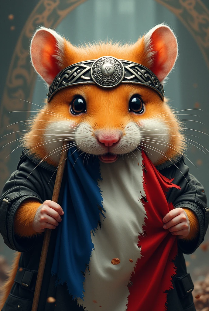 Portrait d'un hamster futuruse en tenu de combat , les yeux injectés de sang, portant un bandeau celte en métal. Il est entouré de symboles celtiques et le drapeaux de la Bretagne a ses cotes propre et de la France est déchirés en lambeaux devant lui au sol et un bout dans sa gueule