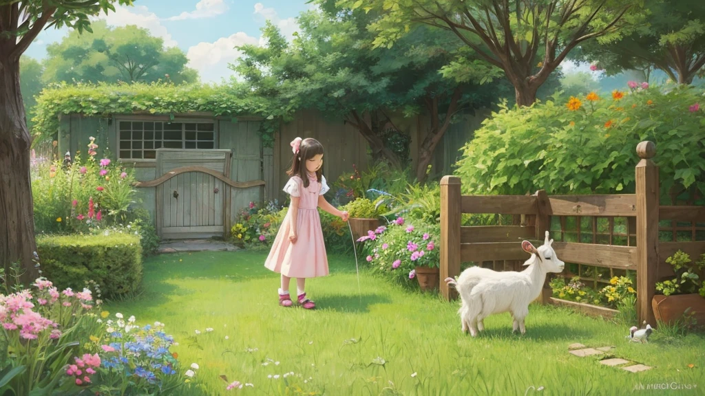 The girl is looking for the kid goat.,hide and seek,cute,pop,Illustration, garden,Anime Style,