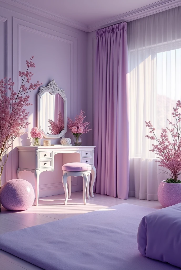 A beautiful room painted purple and white with beautiful flowers and dressing table