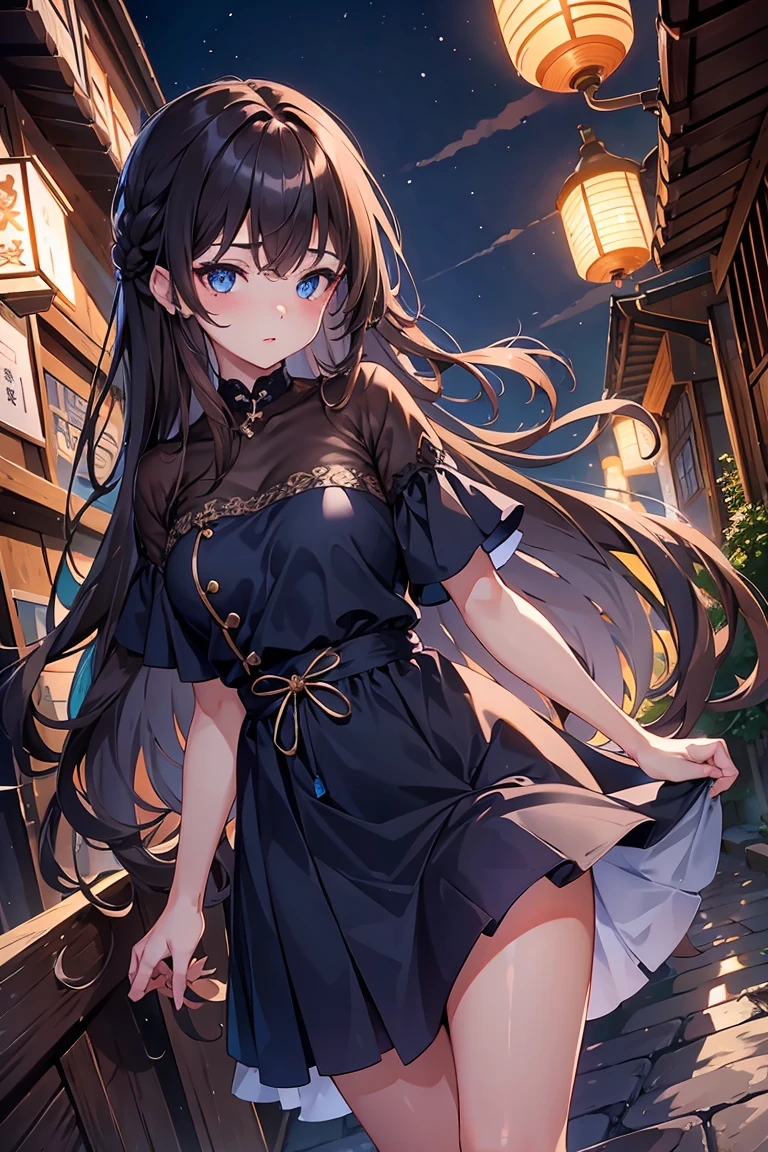 1 female、whole body、lower angle、Brown Hair、Long Hair、Well-groomed face、Dark lips、blue eyes、Blue dress、valley、slim、mini skirt、Kyoto、old buildings、night、full moon、masterpiece、Ultra-high resolution、delicate、Perfect lighting、sunlight、16K