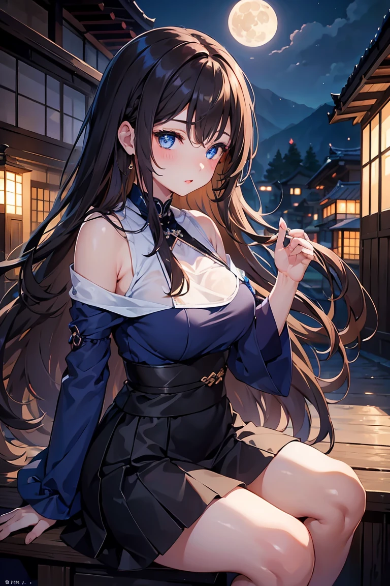 tifa lockhart, MKSKS style, (highly detailed background:1.0), (highly detailed background:1.0), Final Fantasy VII Remake, (red eyes), 1 girl, bare shoulders, aqua dress, black hair, green dress, No sleeve dress , sundress, Home, long hair, night, night null, open your mouth, outdoors, ponytail, sitting, null, No sleeve, No sleeve dress, star (null), starry null, town, old, small breasts, ((white ruffles)), (white dress),