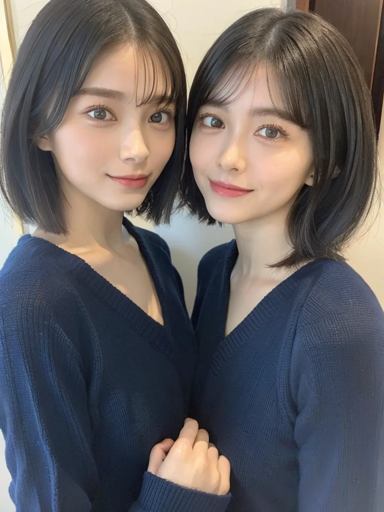 (masterpiece:1.3), (8k, Photoreal, Raw photo, best image quality: 1.4), Japanese high school girl、(random hairstyle:1.2)、:1.5、super detail face、eye for details、double eyelid、 to 、sharp focus:1.2、Beautiful woman:1.4、light brown hair、highest quality、masterpiece、超A high resolution、(Photoreal:1.4)、Highly detailed and professionally lit smiles、loose and light knitwear、shoulder out、thin、serious expression、short haired、deadly position
similar identical twins
All the girls have the exact same face, The two have the same face and figure, as if they were mirror images.