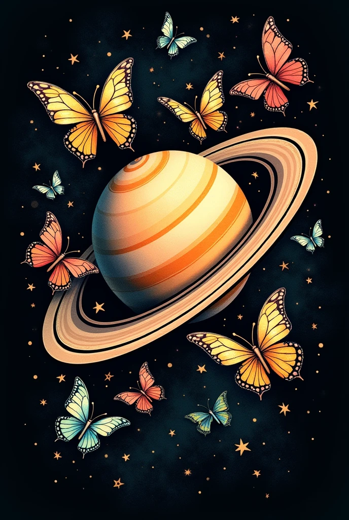 Saturn surrounded by butterflies in tattoo style