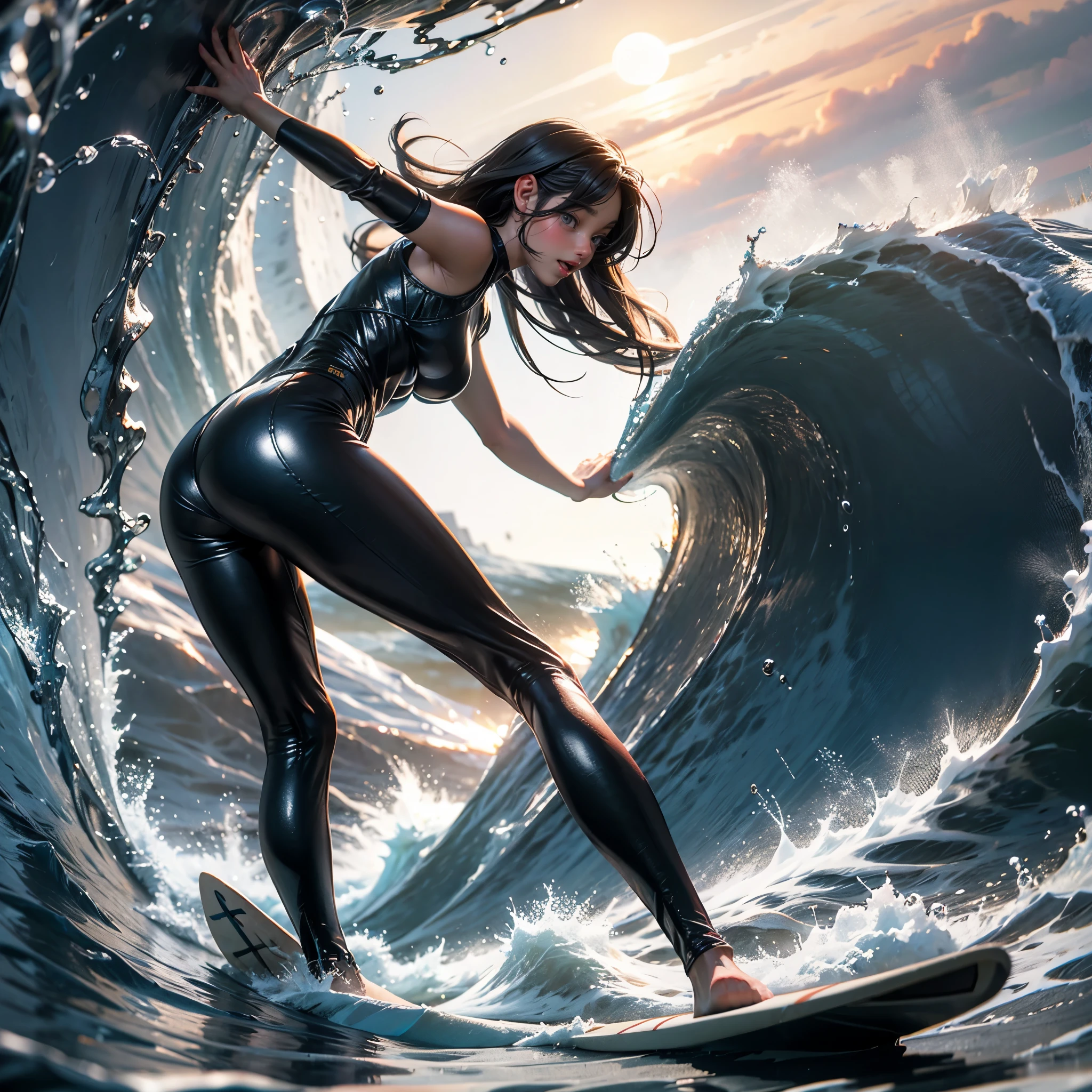 (Luminism:1.28), Side view、(TopQuality 8K Masterpiece:1.2) (ProfessionalPHOTO:1.37) Extremely Detailed (A girl standing on a surfboard riding a wave), (Colorful morning Glory Rays)、(Crouching and balancing on a Life Size surfboard:1.28), (There is Only one surfboard under her feet:1.32) Splashing water Particles Sparkling waves, Glowing Wet Hair、(Super hourglass body type)、Dynamic motion blur, Perfect Hand、(Surfing Photos:1.4) Extreme Sports Photography with action pose