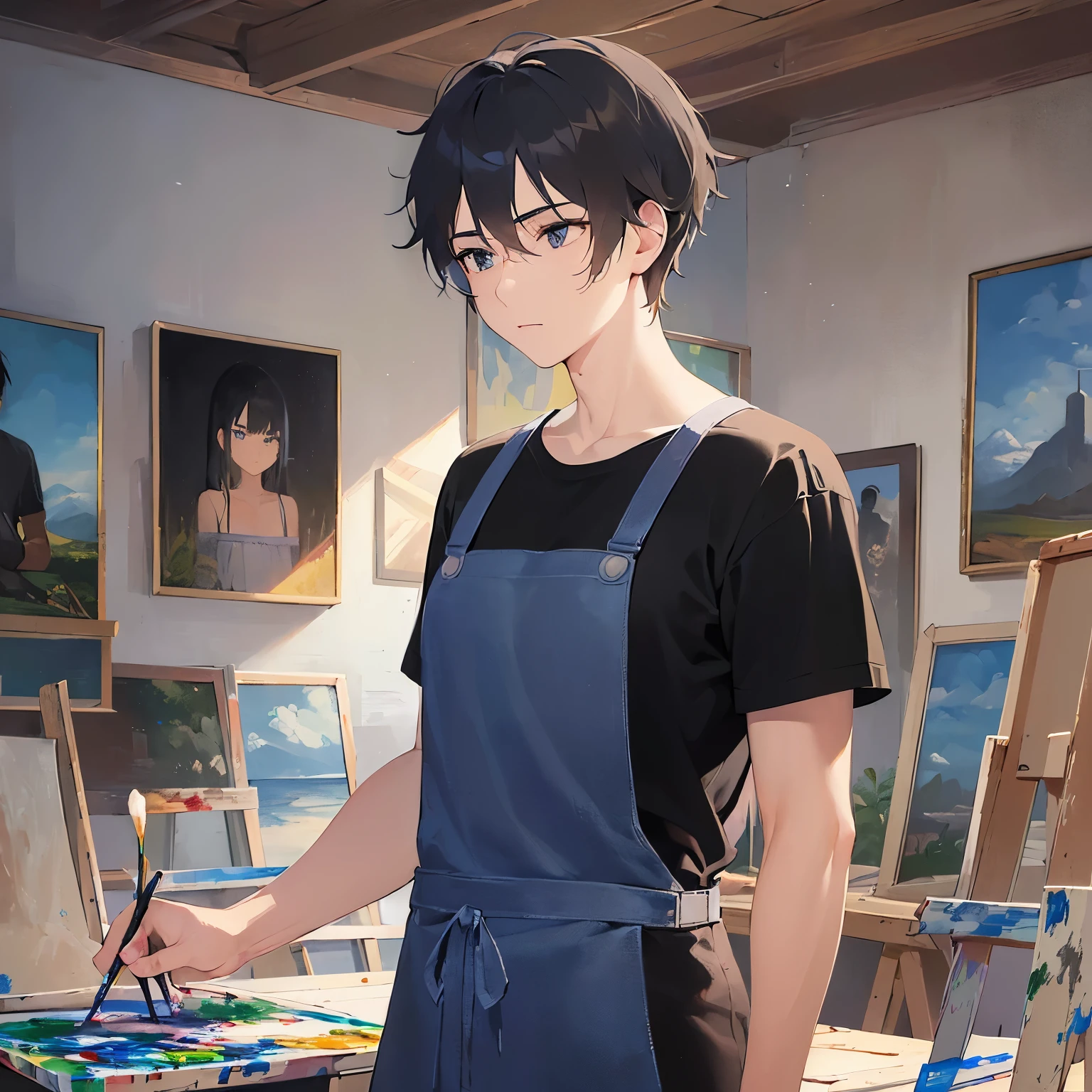 (painting on canvas:1.5)、(looking away:1.5),(25-year-old male:1.3) and (Black short hair) and (blue eyes), ,Side shot、upper body、
shiny skin, masterpiece、Highest quality、
（black T shirts）、apron、canvas、
Serious,Art Room