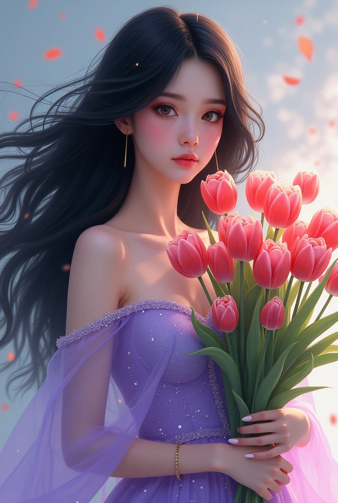 a digital art women with black hair, dark brown eyes, wearing a color lavander gown with a little bit glitters, she is holding a boqoue of tulips. The size of picture is 1×1