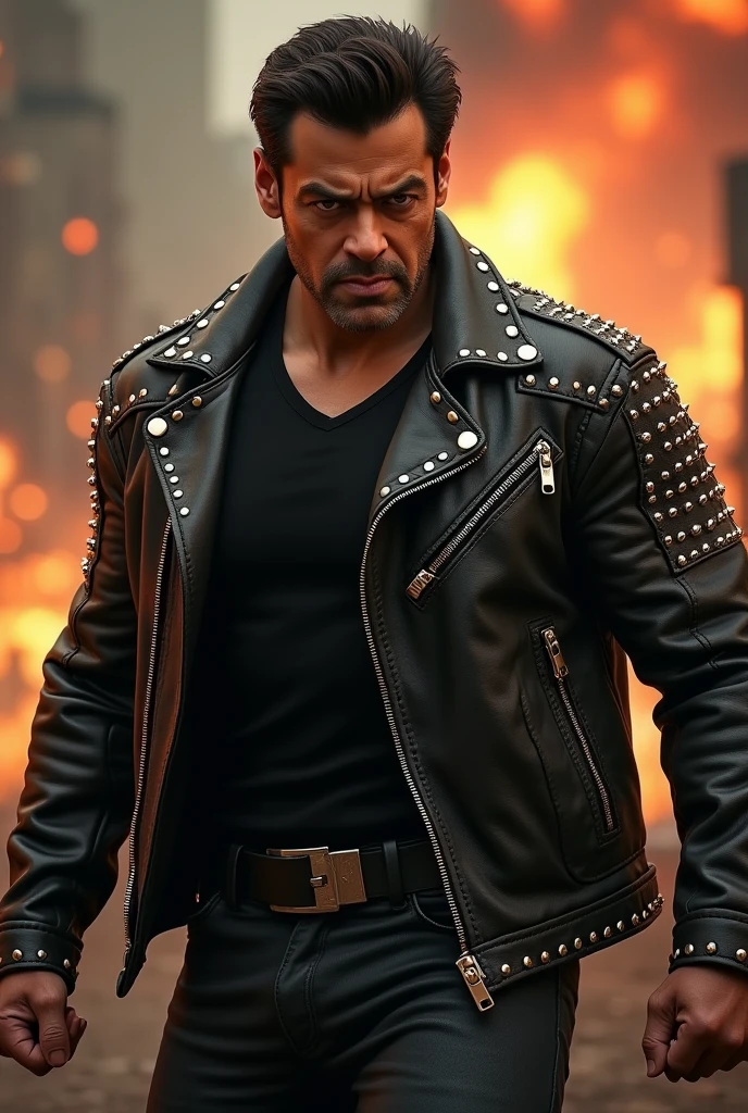 Salman Khan stands tall, clad in a black leather jacket with metal studs, his broad shoulders and chiseled physique visible beneath. His eyes burn with intensity, his gaze piercing through the lens. A hint of a snarl plays on his lips, and his sharp jawline is set in a defiant angle. In the background, a fiery explosion or a dark, gritty cityscape adds to the edgy atmosphere. One hand is clenched into a fist, while the other holds a smoking cigar or a gun, exuding an air of fearlessness and raw power. with ciggerate