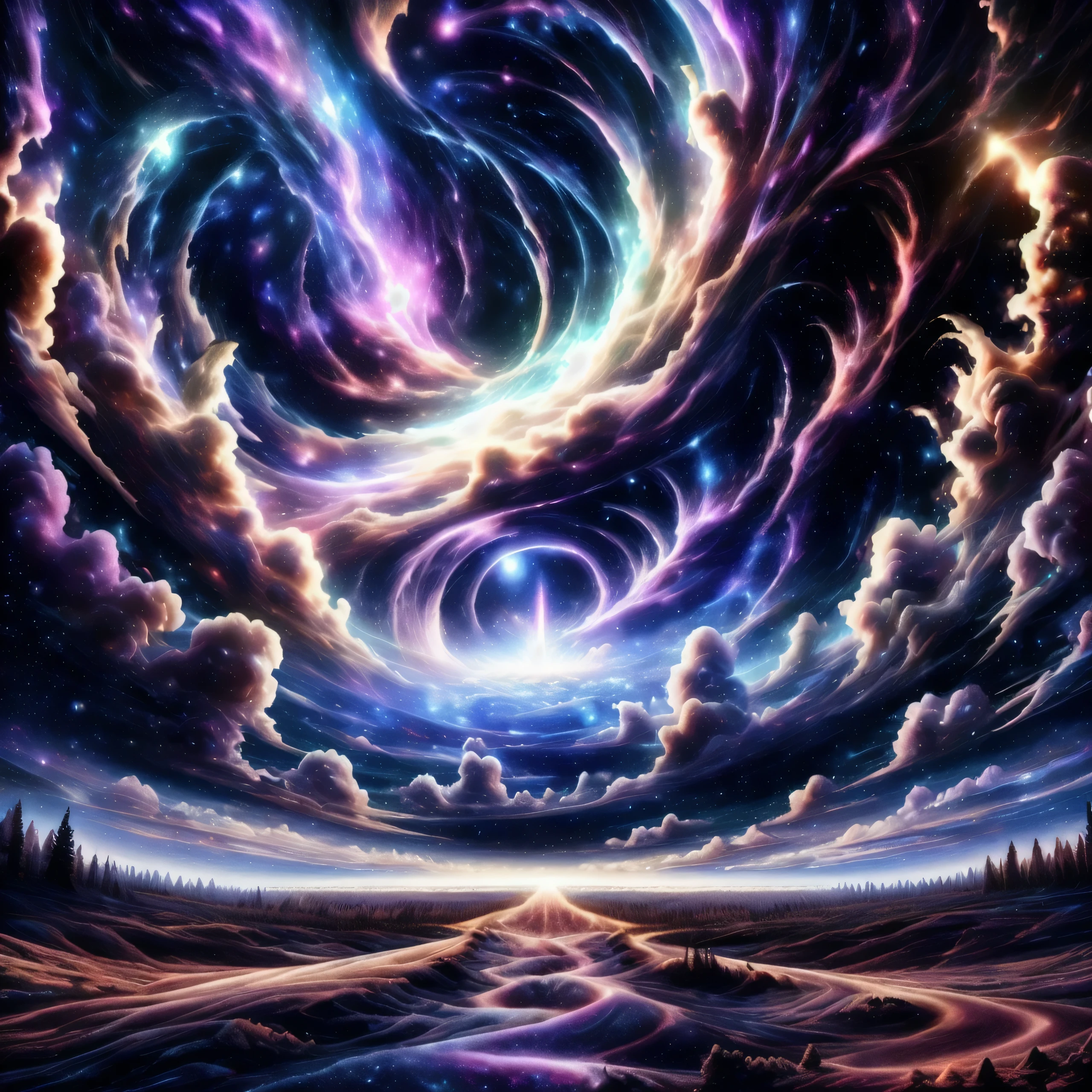 extensive landscape photography (a view from below showing the sky above and an open forest below), white tiger standing on a paved path looking at the landscape, full fur, magical fur (light particle around the white tiger), magic particle, magical fur (long and bushy), night setting, (full moon: 1.2), (shooting stars: 0.9), (nebula: 1.3), (warm light source: 1.2), (firefly: 1.2), (snowflake: 1.0), (snow on tree) (masterpiece: 1.2), (best quality), 4k, ultra detailed, (dynamic composition: 1.4), very detailed and colorful details, (iridescent colors: 1.2), (bright lighting, ambient lighting), dreamy, magical, (alone: ​​1.2)