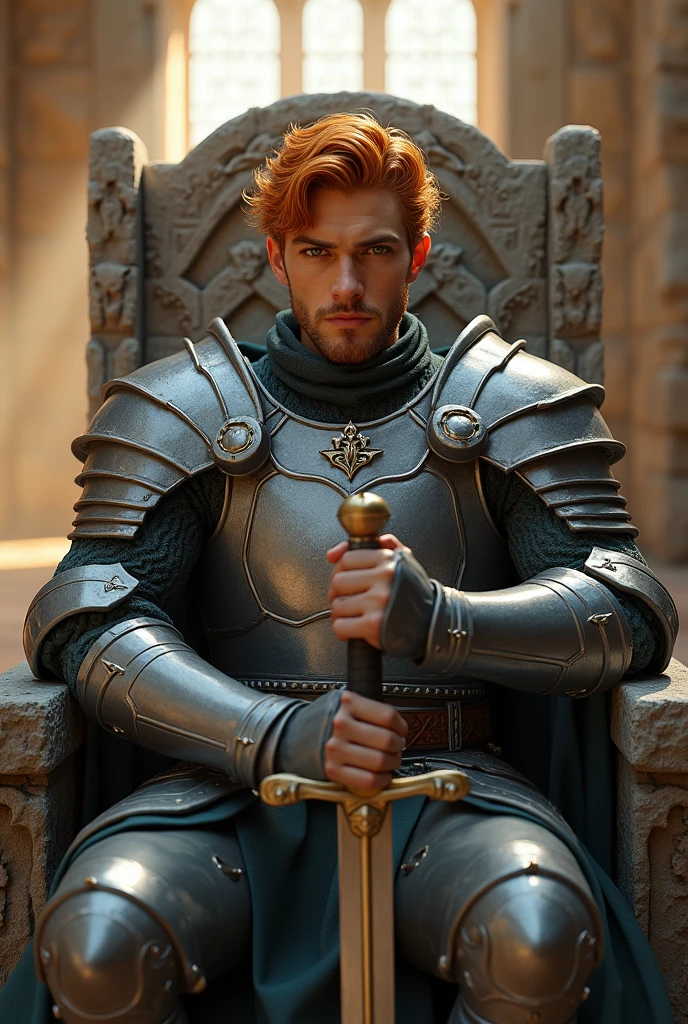 (photorealism:1.2), a beautiful man, sitting on a large, rough, stone throne, light armor, posing holding a sword, short, wavy, orange hair, amber eyes, orange eyebrows. intense, clear skin, elegant silver crown, inside a castle, with sunlight streaming through a window